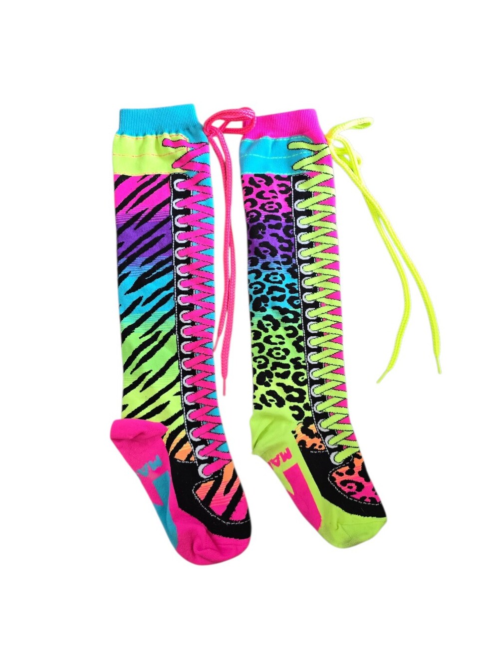 Madmia Neon Mismatched Shoelace Knee High Socks One Size Zebra Leopard